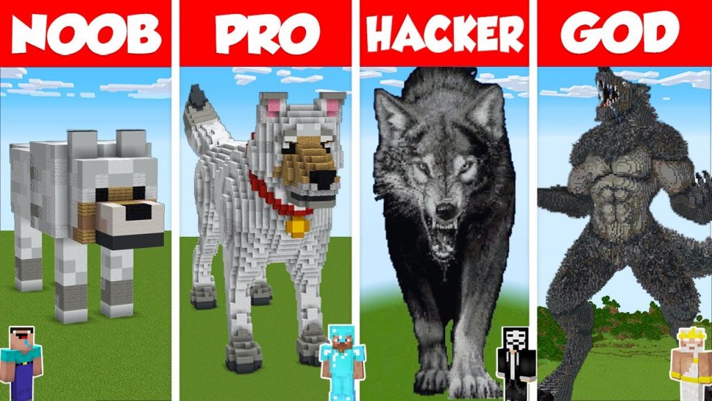 Minecraft WOLF STATUE HOUSE BUILD CHALLENGE - NOOB vs PRO vs HACKER vs GOD / Dog Animation