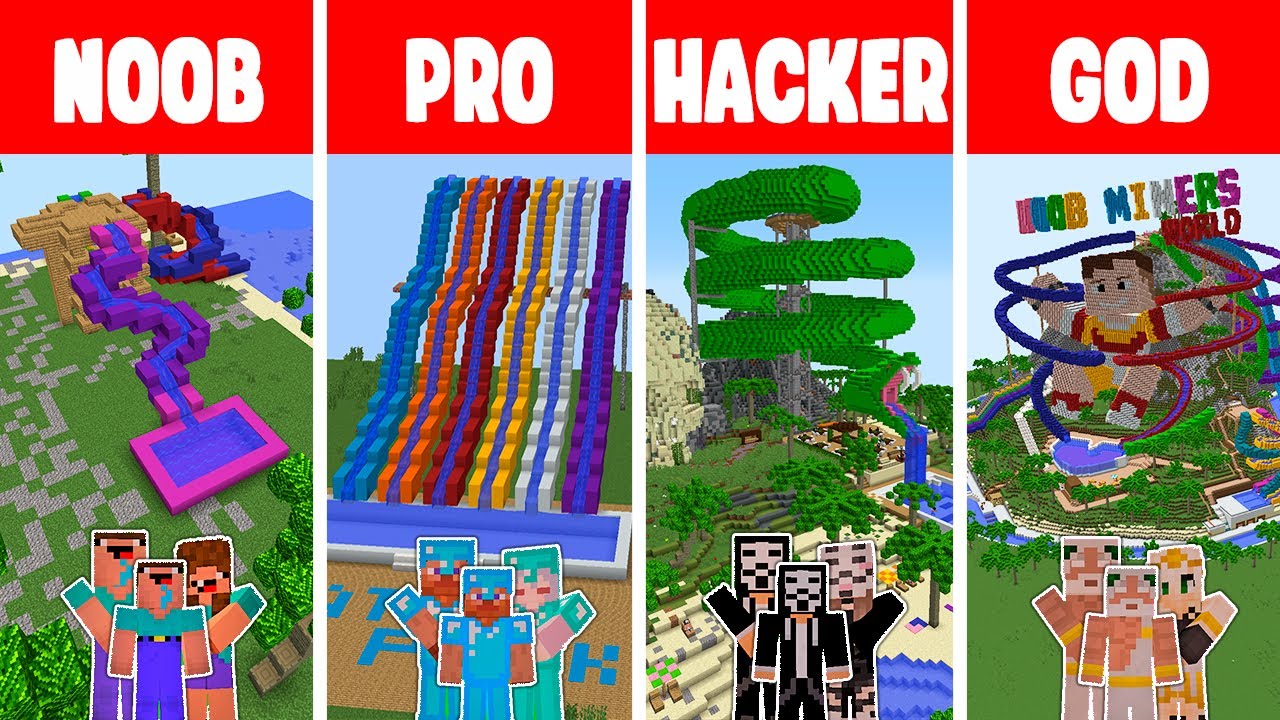 Minecraft FAMILY WATER PARK BUILD CHALLENGE : NOOB vs PRO vs HACKER vs GOD / Animation