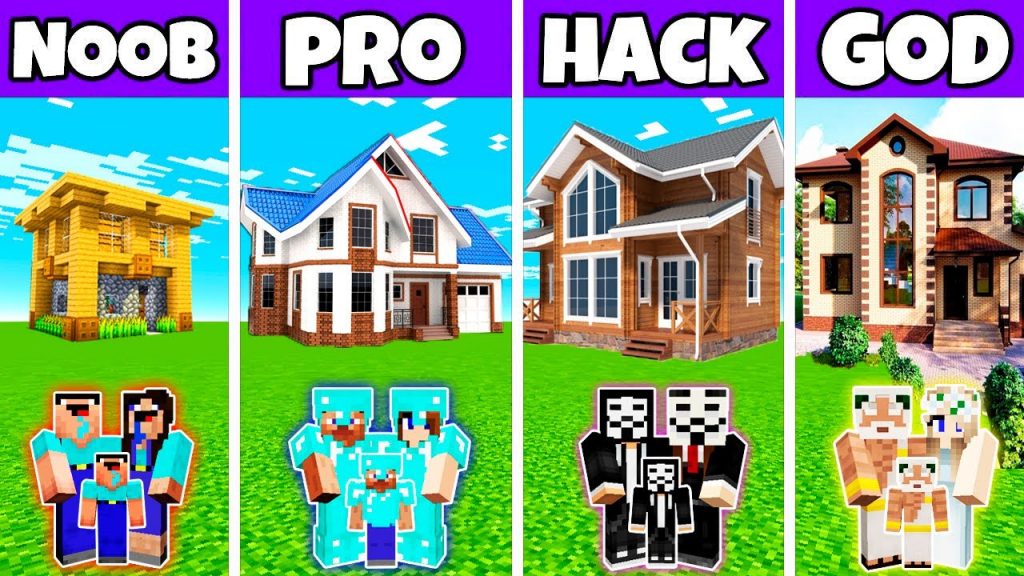Minecraft Battle : Modern Pretty Family House Build Challenge - Noob vs Pro vs Hacker vs God