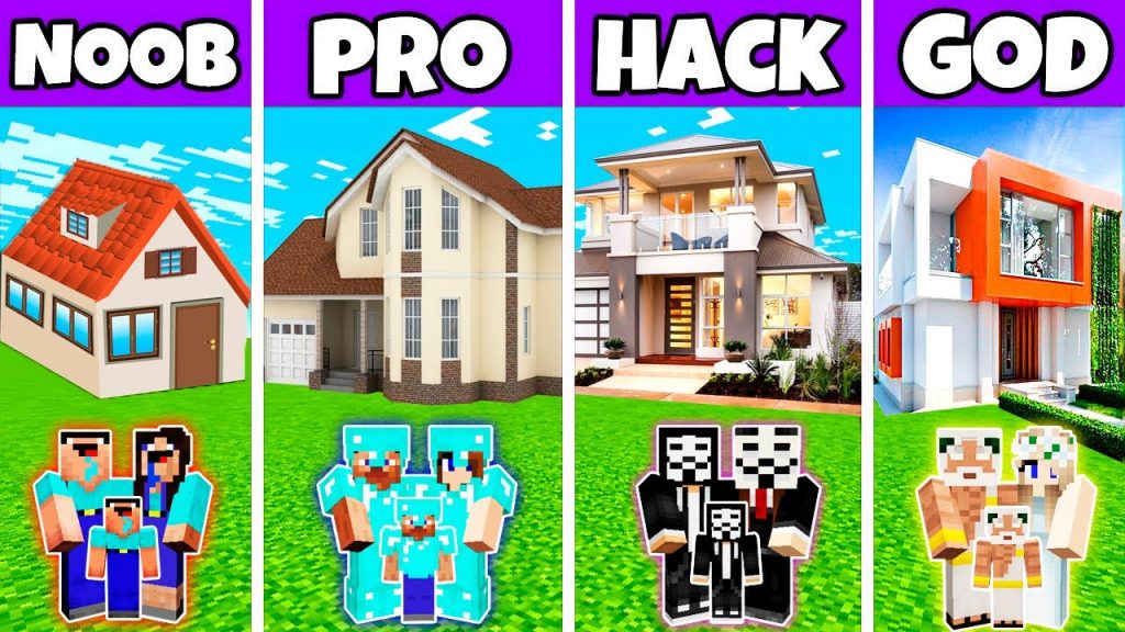 Minecraft Battle : Premium New Family Modern House Build Challenge - Noob vs Pro vs Hacker vs God