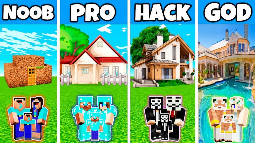 Minecraft Battle : Family Contemporary House Build Challenge - Noob Vs Pro Vs Hacker Vs God