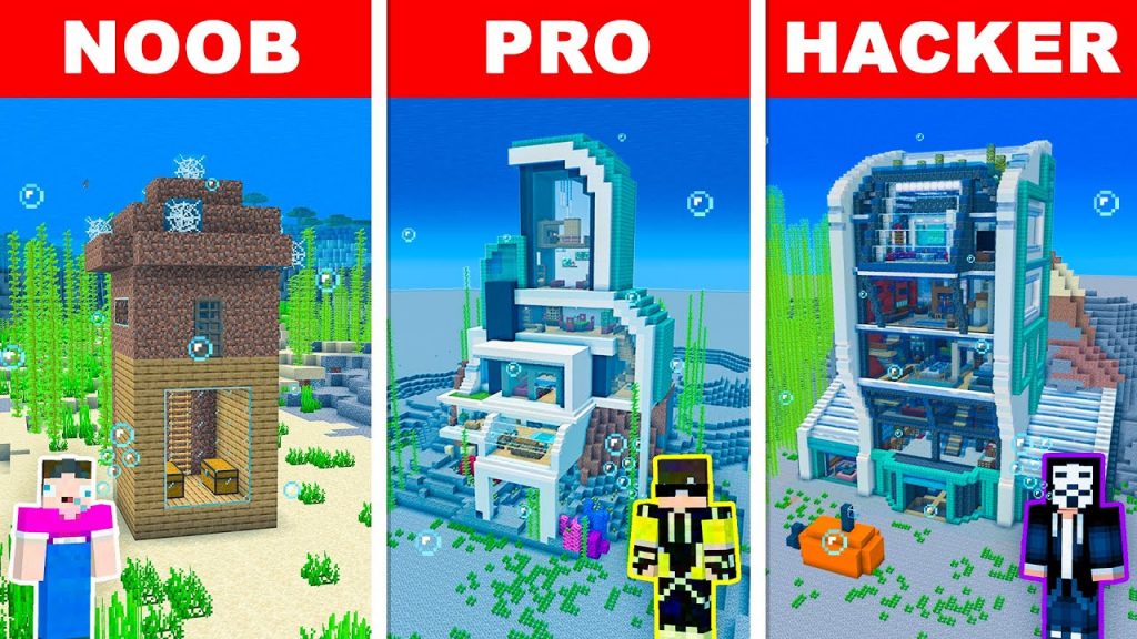 NOOB vs PRO vs HACKER: UNDERWATER START HOUSE Build Challenge in Minecraft