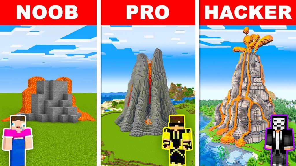 NOOB vs PRO vs HACKER: VOLCANO HOUSE BUILD CHALLENGE in Minecraft